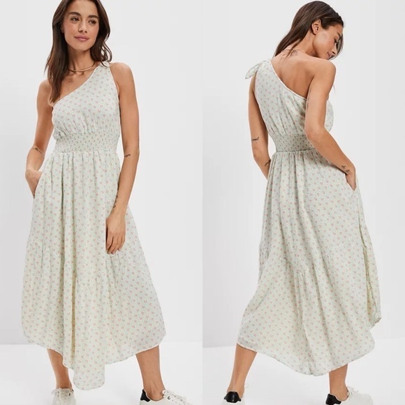4 for $40 SALE! AEO One-Shoulder Tiered Midi Dress, Cream Floral, Size XS, NWT - Picture 1 of 16